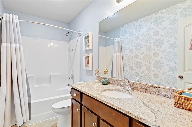 full bath featuring toilet, tile patterned flooring, shower / bath combination with curtain, and vanity