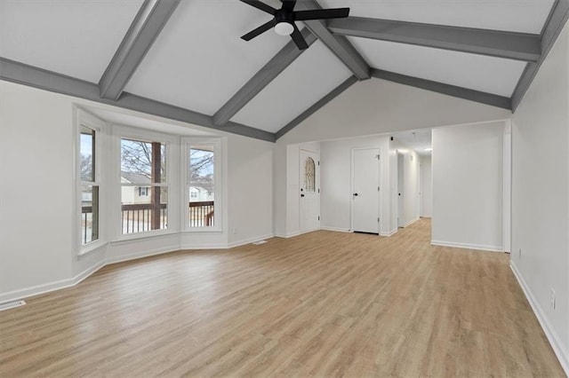 unfurnished living room with ceiling fan, light hardwood / wood-style floors, and vaulted ceiling with beams