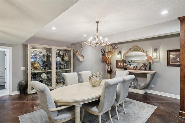 dining space with an inviting chandelier, baseboards, and recessed lighting