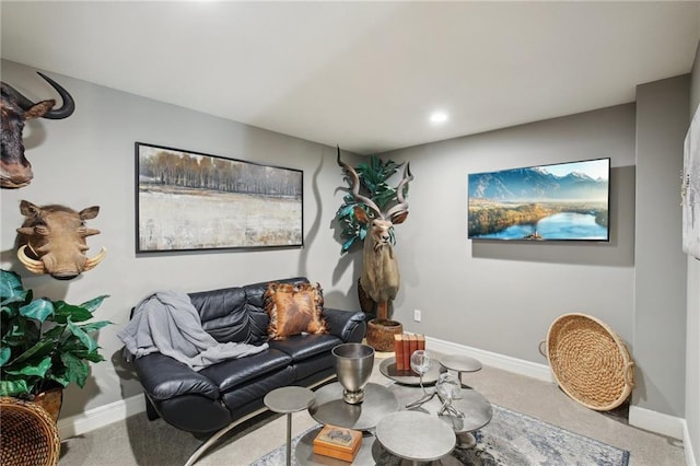 living area with carpet and baseboards