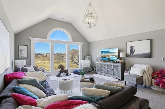14110 Wingfoot Ct, Basehor, KS 66007 - living room featuring lofted ceiling, an inviting chandelier, visible vents, and carpet floors