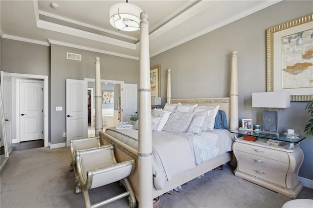 14110 Wingfoot Ct, Basehor, KS 66007 - carpeted bedroom with ensuite bath, ornamental molding, visible vents, and a raised ceiling
