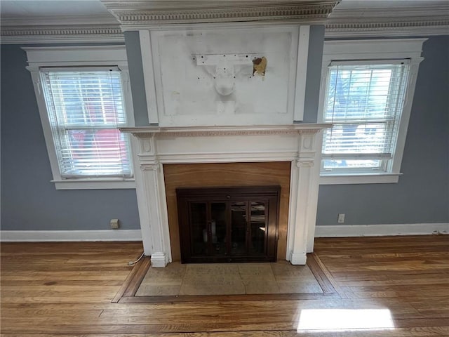 room details with a fireplace with flush hearth, baseboards, and wood finished floors