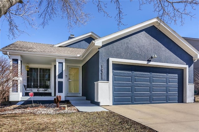 single story home with a garage, driveway, a shingled roof, and stucco siding