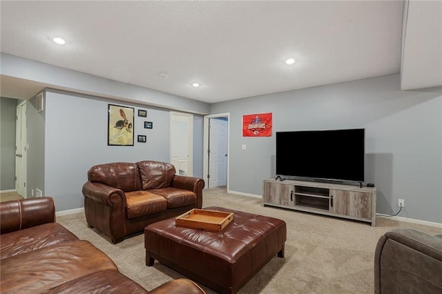 living room featuring baseboards, recessed lighting, and light colored carpet