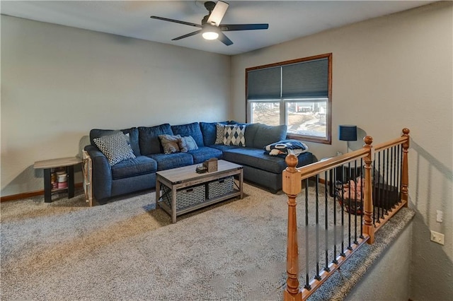 living room featuring ceiling fan and carpet flooring