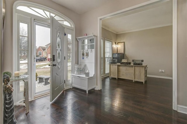 foyer entrance with ornamental molding and dark hardwood / wood-style flooring