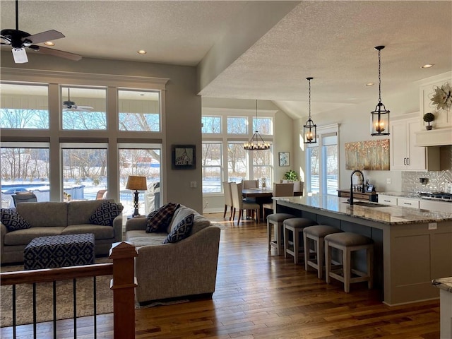 living room with sink, a textured ceiling, dark hardwood / wood-style flooring, ceiling fan with notable chandelier, and vaulted ceiling