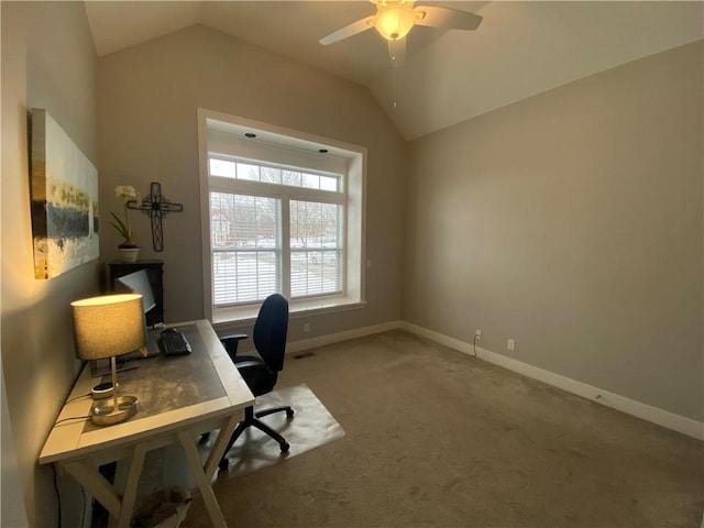 home office with ceiling fan, lofted ceiling, and carpet floors