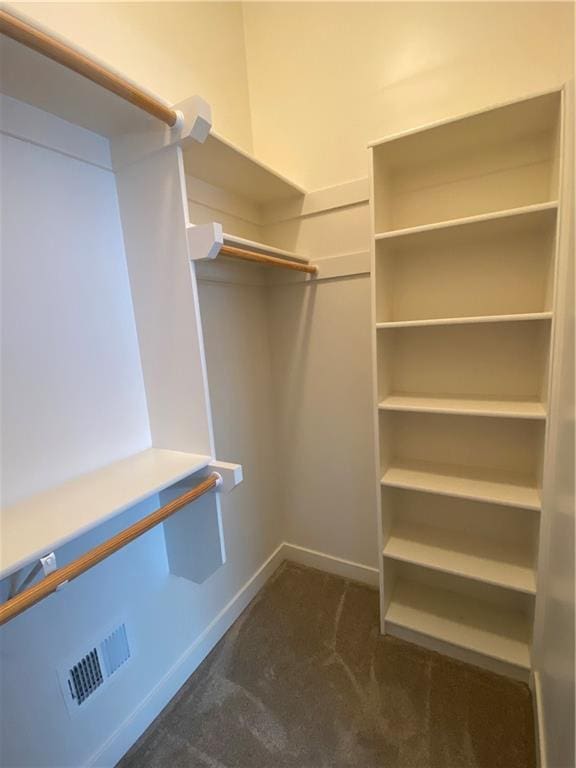 spacious closet featuring dark colored carpet