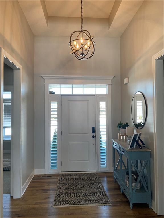 entryway featuring dark hardwood / wood-style floors, a raised ceiling, a high ceiling, and a notable chandelier