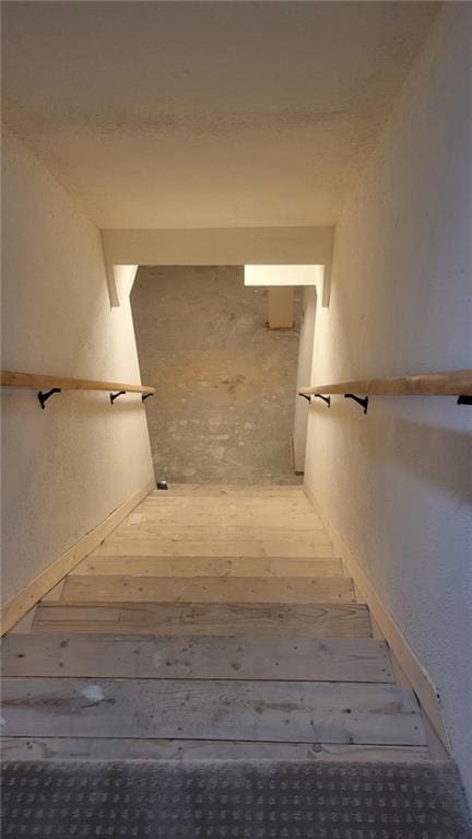 staircase with hardwood / wood-style floors