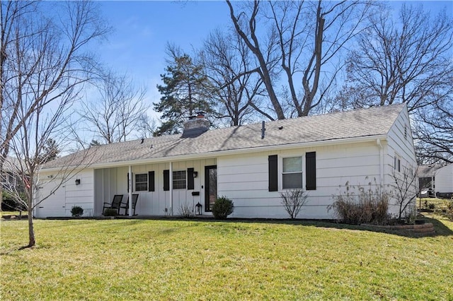 ranch-style house with board and batten siding, a chimney, a front lawn, and a shingled roof