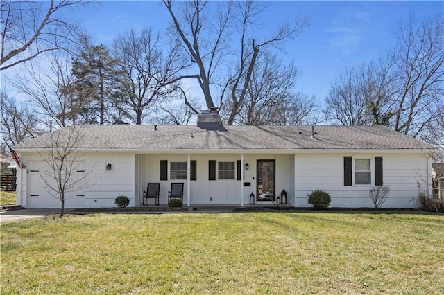 single story home with roof with shingles, a chimney, a front lawn, concrete driveway, and a garage