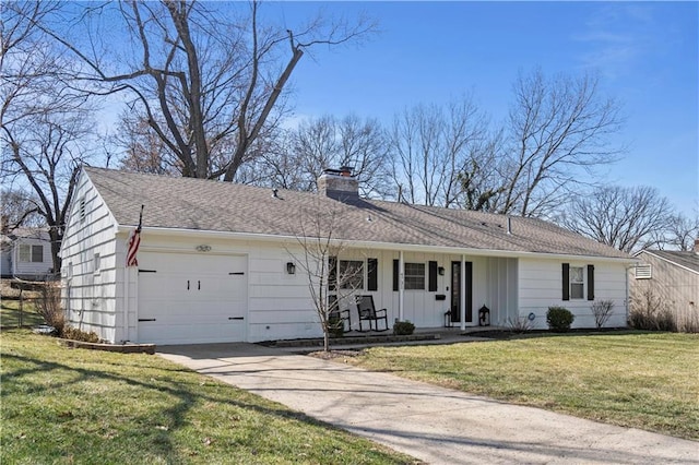 ranch-style home with concrete driveway, a front yard, covered porch, a chimney, and an attached garage