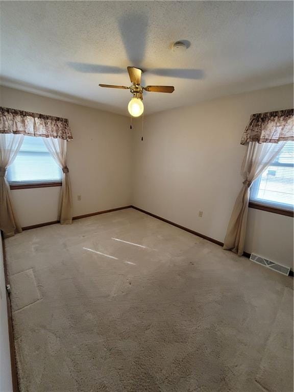 spare room with a healthy amount of sunlight, light colored carpet, and a textured ceiling