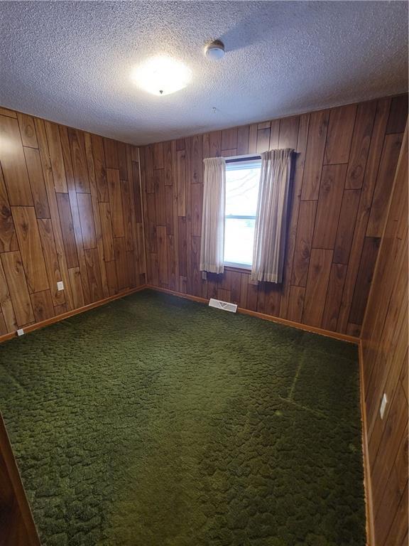 carpeted empty room featuring a textured ceiling and wood walls