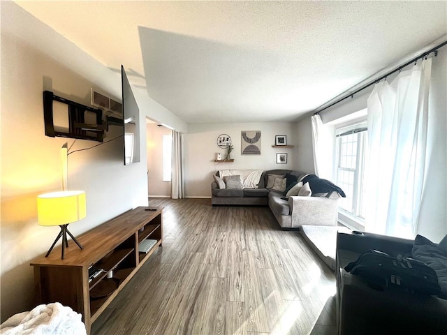 living room with hardwood / wood-style floors and a textured ceiling