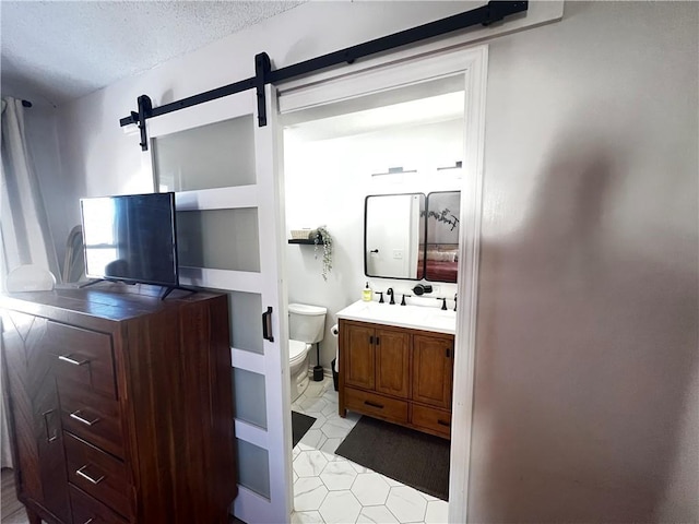 bathroom featuring vanity, a textured ceiling, and toilet