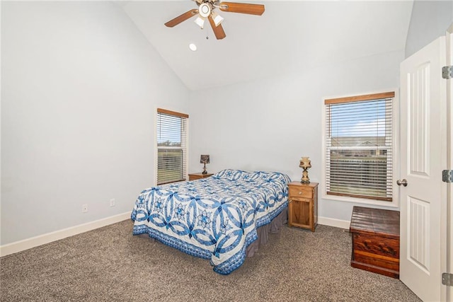 carpeted bedroom with ceiling fan, high vaulted ceiling, and multiple windows