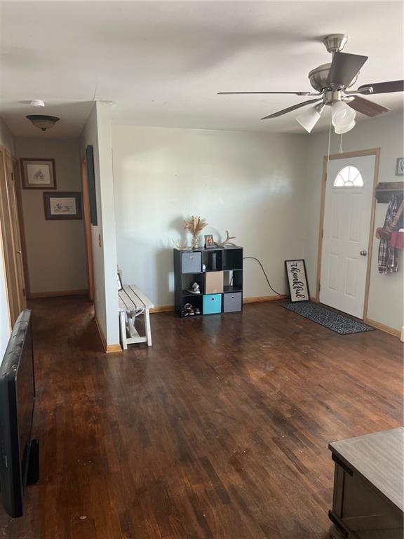 foyer entrance with ceiling fan and dark hardwood / wood-style floors