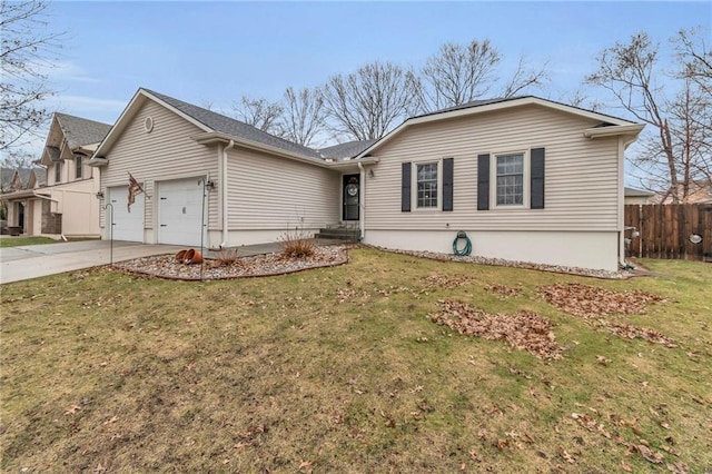 ranch-style home with concrete driveway, an attached garage, fence, and a front yard