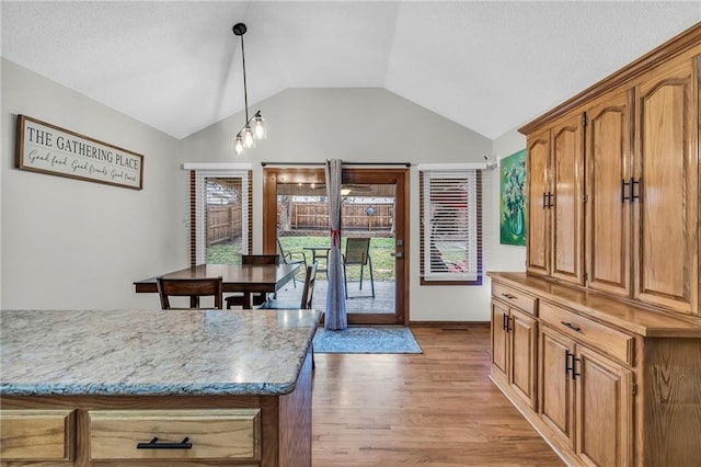 dining area with lofted ceiling and light wood-style floors