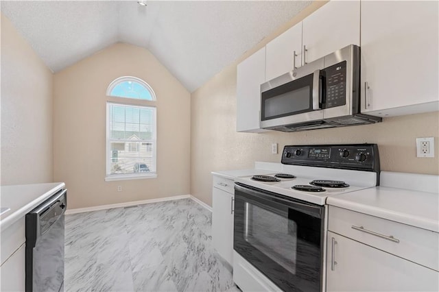 kitchen with dishwasher, lofted ceiling, white cabinets, a textured ceiling, and electric stove