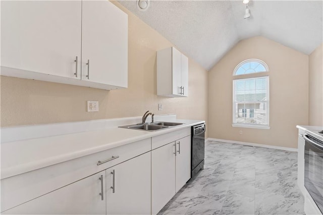 kitchen with lofted ceiling, sink, dishwasher, white cabinetry, and electric range