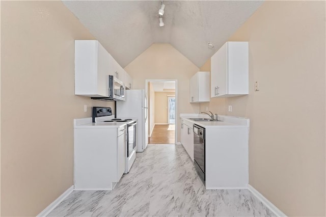 kitchen with sink, white electric range, dishwasher, and white cabinets