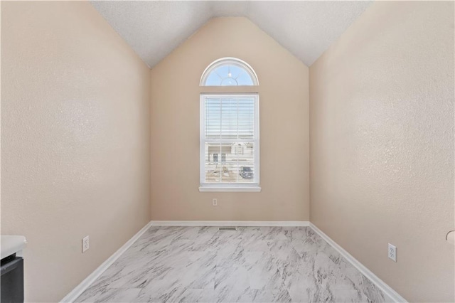 unfurnished room with lofted ceiling and plenty of natural light