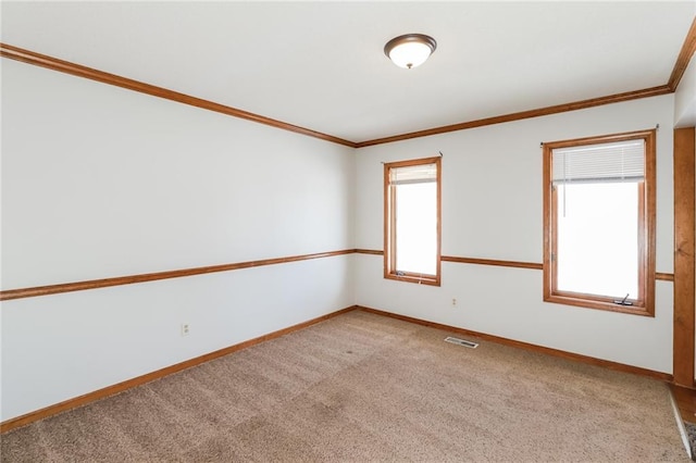 empty room featuring ornamental molding and light carpet