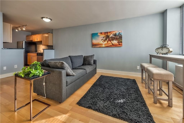 living room with rail lighting and light wood-type flooring