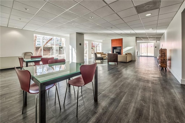 dining space featuring a paneled ceiling and hardwood / wood-style floors