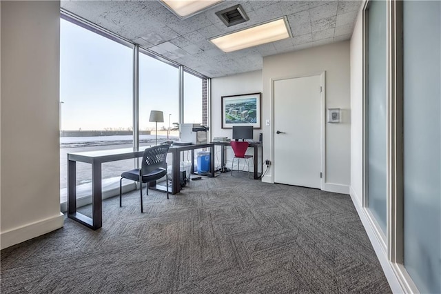 office area featuring expansive windows and dark carpet