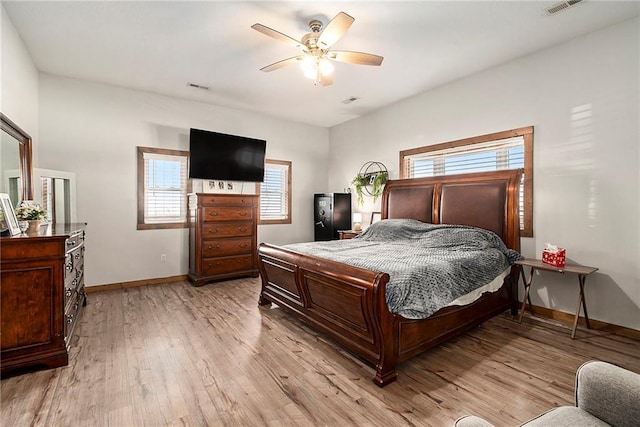 bedroom featuring ceiling fan and light wood-type flooring