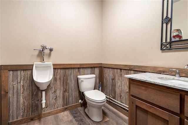 bathroom with vanity, hardwood / wood-style flooring, and toilet