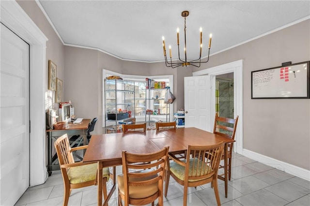 dining room featuring light tile patterned flooring, ornamental molding, and an inviting chandelier