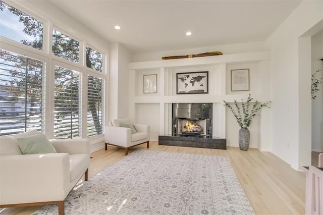 sitting room featuring a fireplace and light hardwood / wood-style floors