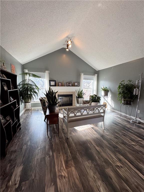 living room with a tile fireplace, lofted ceiling, dark wood-type flooring, and a textured ceiling