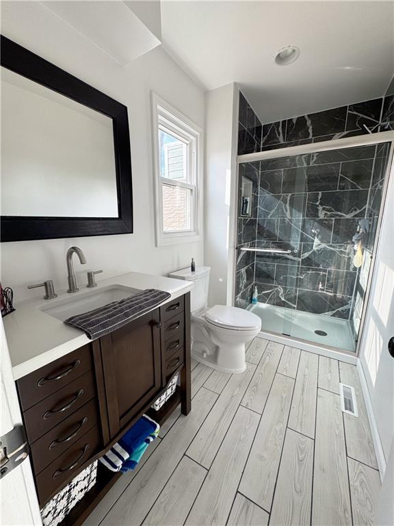 bathroom featuring vanity, an enclosed shower, and toilet