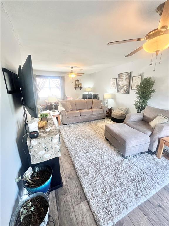 living room with ceiling fan and wood-type flooring