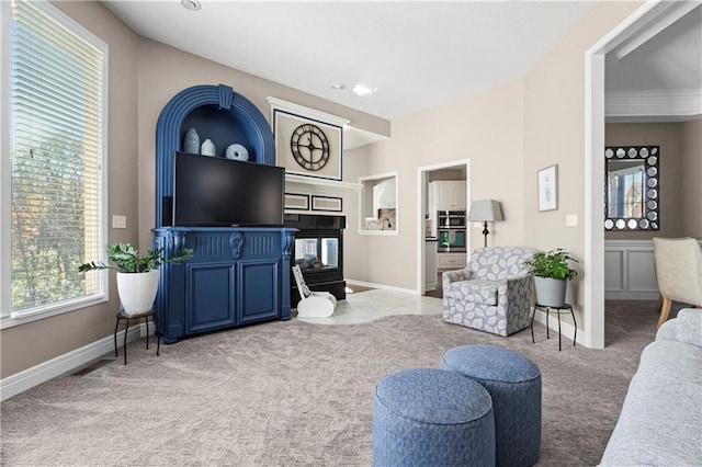 living area with carpet floors, baseboards, and a multi sided fireplace