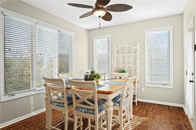 dining area featuring a ceiling fan, dark wood-style flooring, a wealth of natural light, and baseboards