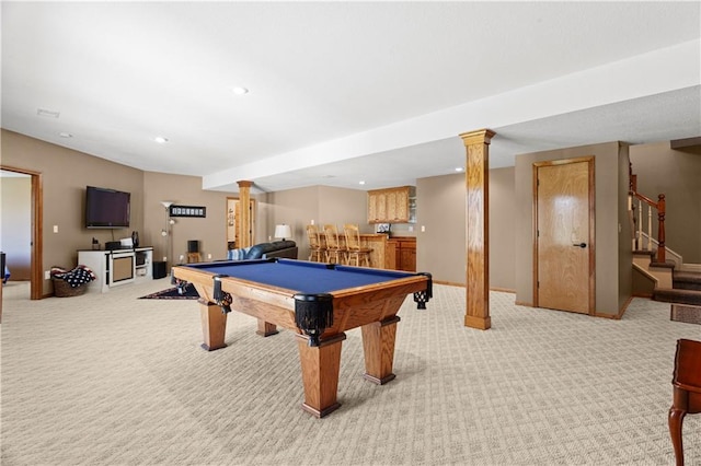 recreation room with light carpet, pool table, a dry bar, and recessed lighting