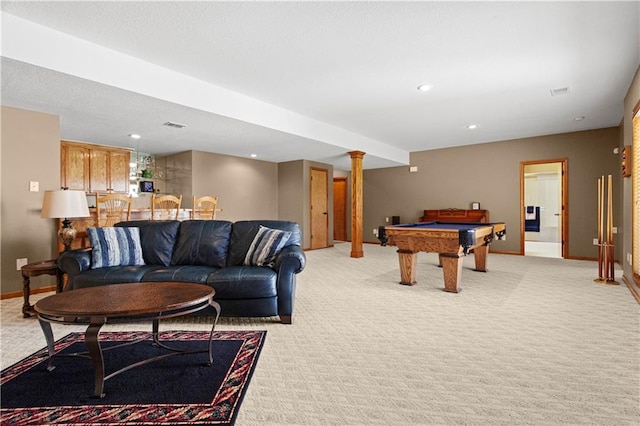 game room with recessed lighting, light carpet, pool table, visible vents, and baseboards