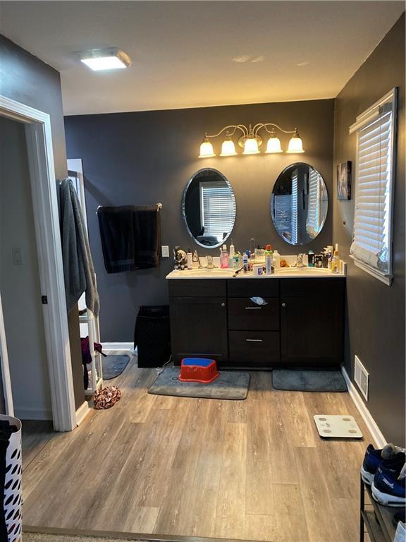 bathroom with vanity and wood-type flooring