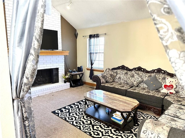 carpeted living room featuring lofted ceiling and a brick fireplace