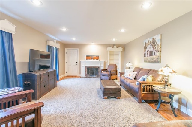 living room featuring light colored carpet