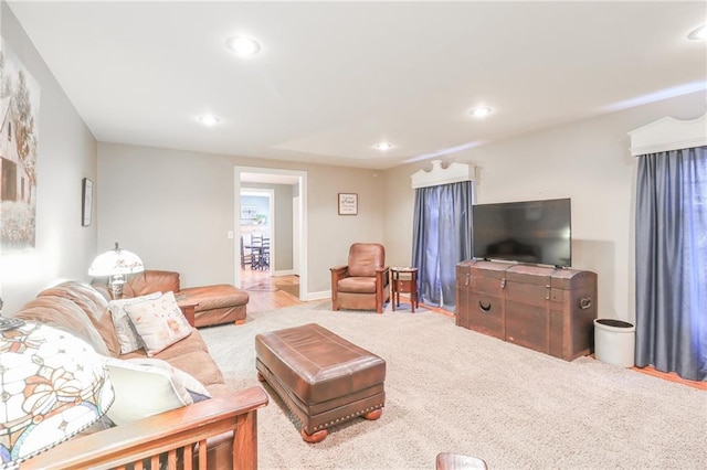 living room featuring light colored carpet